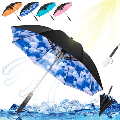 3-In-1 Sun Protection Umbrella with Fan Water Spray Mister Cooling Fan UV Blocking Umbrella USB Rechargeable Battery Operated Sun Rain Travel Umbrella