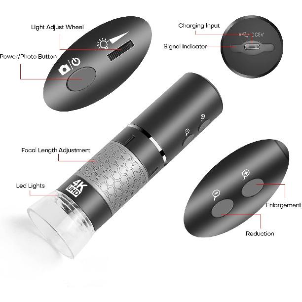 4K WiFi Digital Microscope Camera for iPhone Android Phone and Windows Mac PC, 3840x2160P Portable Wireless Handheld Microscope for Adults and Kids