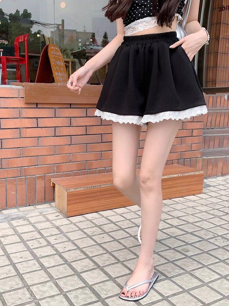 Graue Spitzenbesatz Casual Weite Hosen - Damen Elastischer Bund, Schlankmachend, Frühjahrs-Shorts