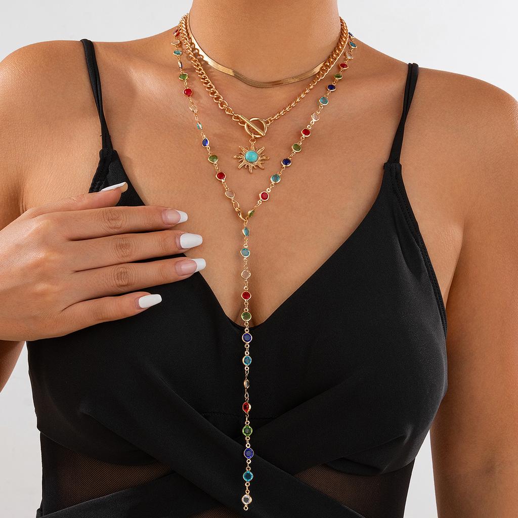 SHIXIN 3Pcs/Set Elegant Colorful Crystal Long Necklace for Women Bohemian Sunflower Pendant Necklace Multilayer Snake Chain Y2K