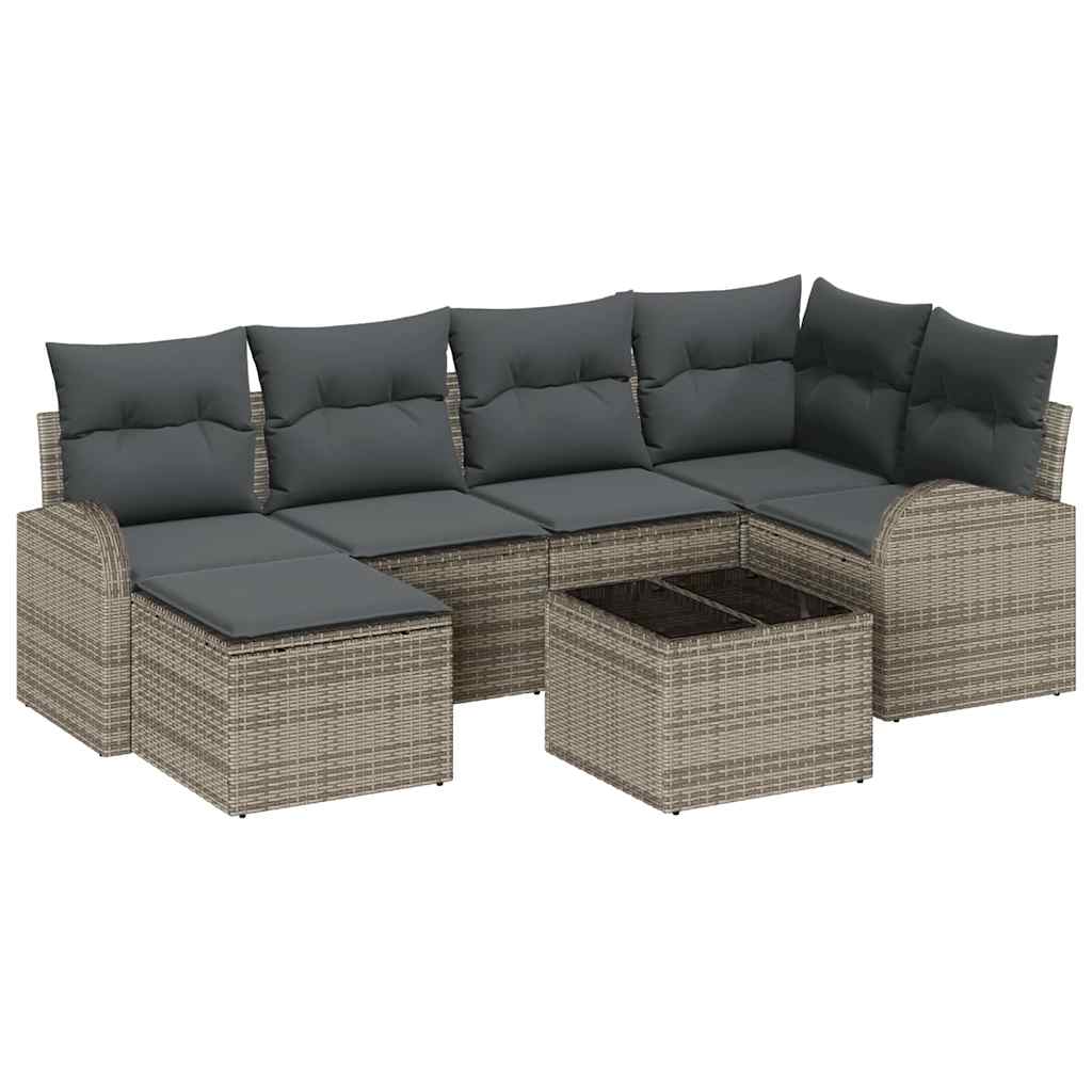 7 Piece Grey Poly Rattan Sofa Set with Cushions and Storage