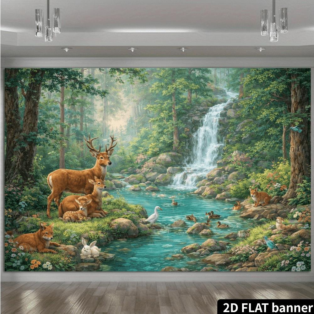 1Pcs Forest Stream Animals Deer Fox Waterfall Decoration Background Nature Backdrop Decorations For Photo Studio Booth Party