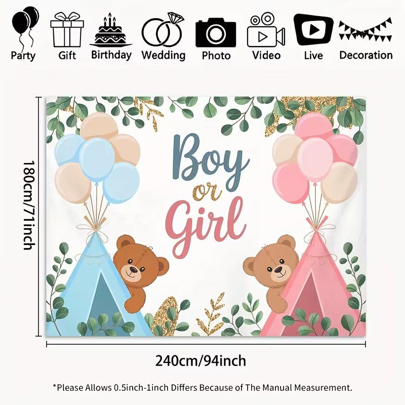 2D Boy or Girl Gender Reveal Backdrop Teddy Bear Photography Background Banner