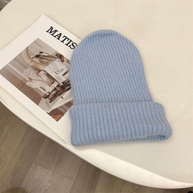 Angora Rabbit Hair Curled Brimless Wool Hat Women Autumn and Winter Warm Striped Fashion Knitted Pullover Cold Hat