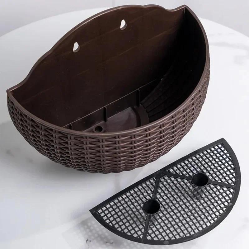 1Pc European Style Wall Hanging Half Round Flowerpot Imitation Rattan Planter for Balcony Outdoor Decor