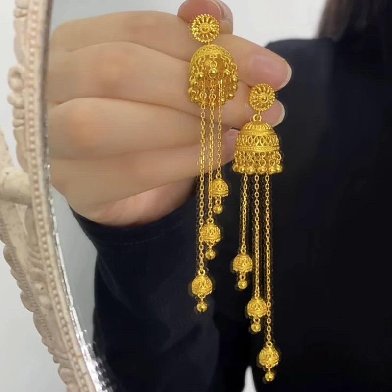 Bohemian Gold Tassel Stud Earrings: Ethnic Style Filigree with Imitation Three Golds – High-End Ear Accessories.