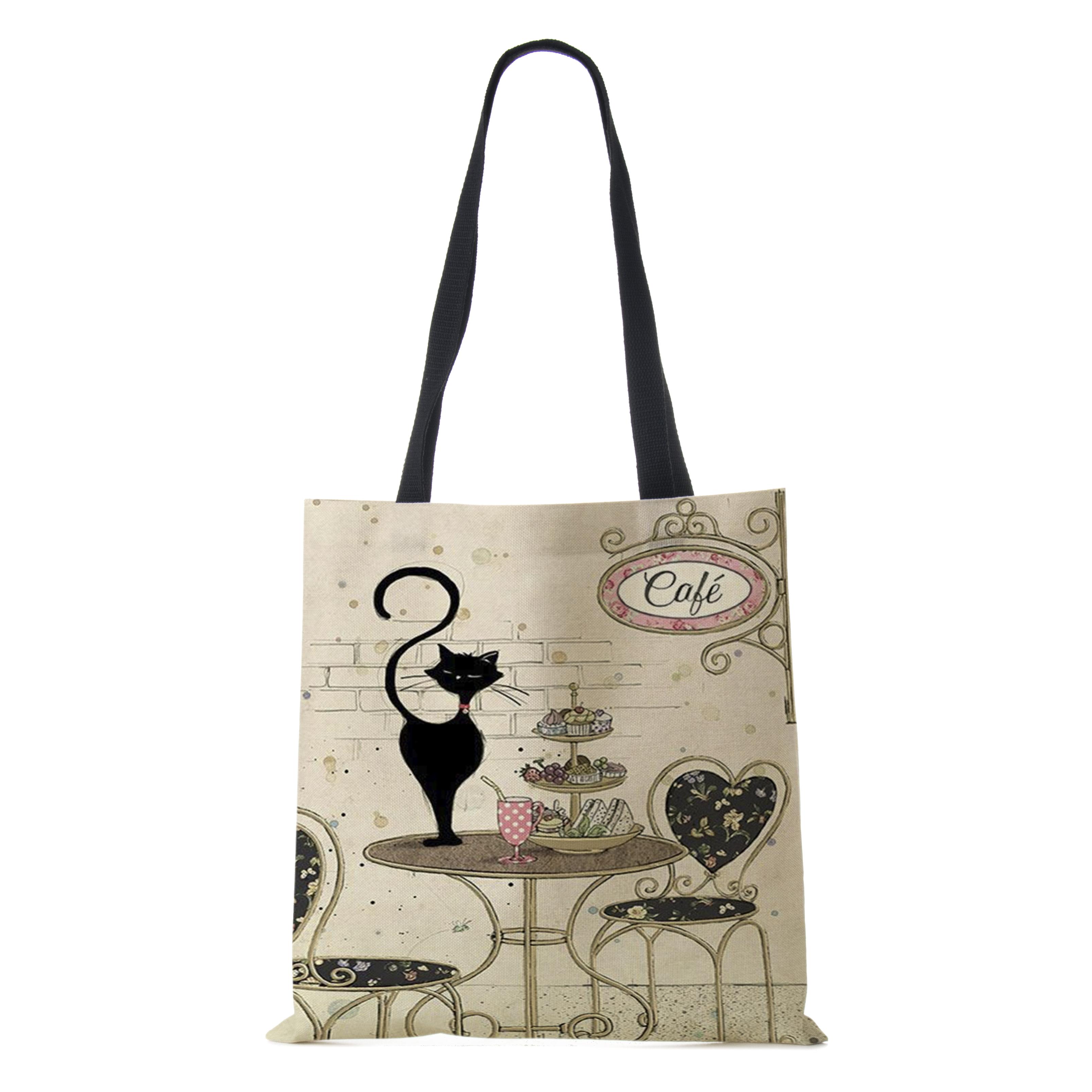 

Женские льняные сумки с кошачьим принтом, повседневные дорожные пляжные подарочные пакеты