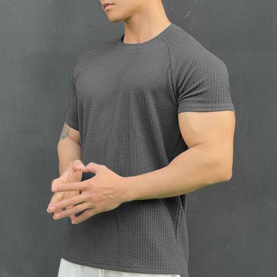 Мужской летний топ с 3D-текстурой круглым вырезом короткими рукавами свободная однотонная мужская спортивная футболка для ежедневного использования M темно-зеленого 1629₽