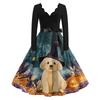 Women's Casual V-Neck Long Sleeve Halloween Print Retro Dress