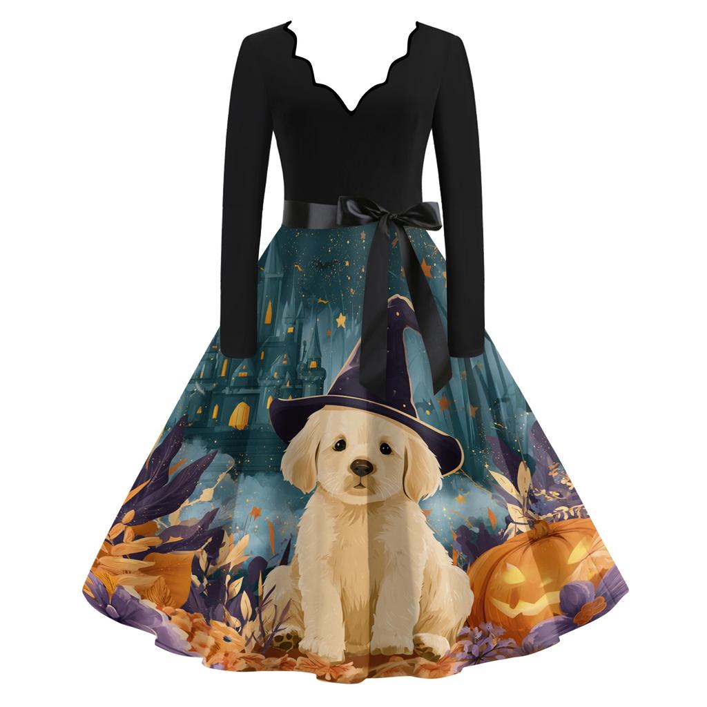 Women's Casual V-Neck Long Sleeve Halloween Print Retro Dress