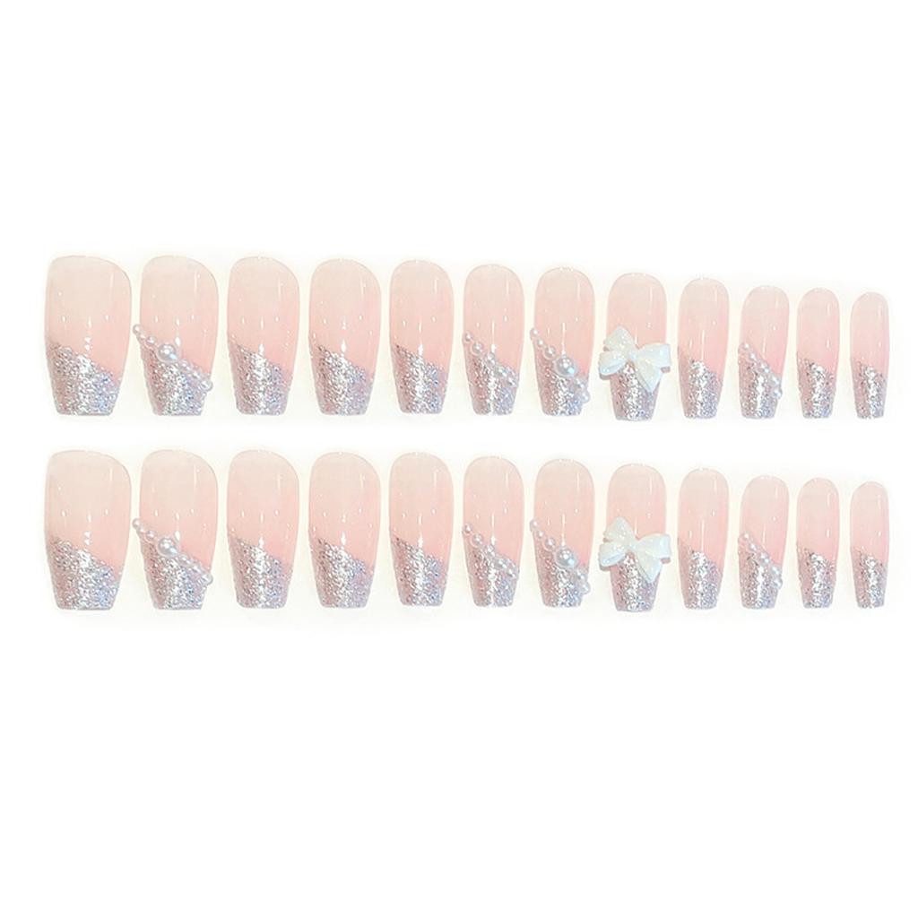 Shiny Square False Nail Tips Sparkling Bow Artificial Finger Manicure with Nail Glue for DIY At-Home Manicure Kit