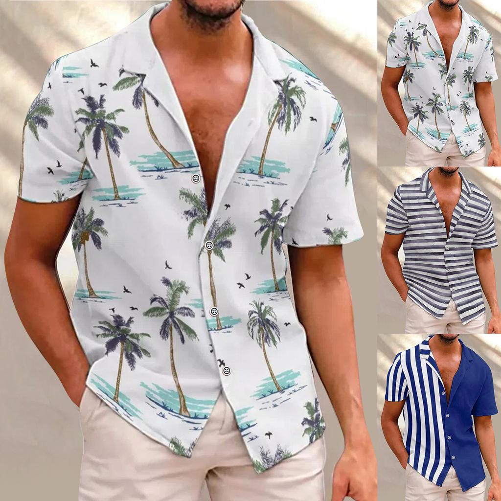Mens Fashion Ethnic Short Sleeve Casual Printing Hawaiian Shirt Blouse T-shirt