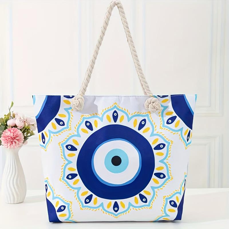 Women's Large Capacity Travel Tote Bag with Blue Evil Eye Print Beach Shoulder Bag, Zipper Closure for Casual Outings, Shopping, Beach Trips Bag