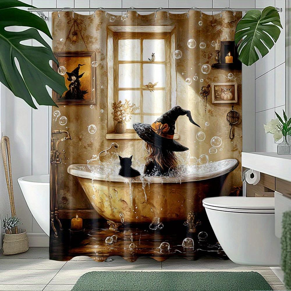 1pc Witch and Cat Bathtub Scene Shower Curtain - Mysterious Halloween Theme with Magical Elements, Polyester Material
