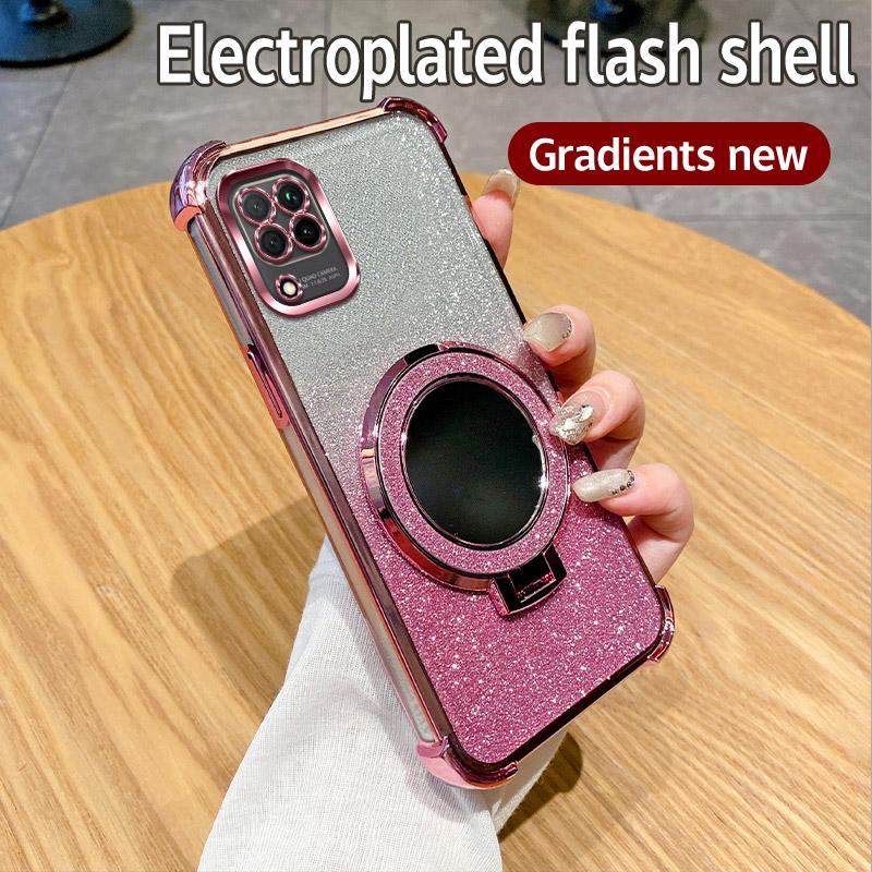 Shockproof Glitter Mirror Ring Holder Phone Case For Samsung Galaxy M32 M22 M12 M11 M02 M02S M04 M05 M56 5G F04 F05 Soft Cover