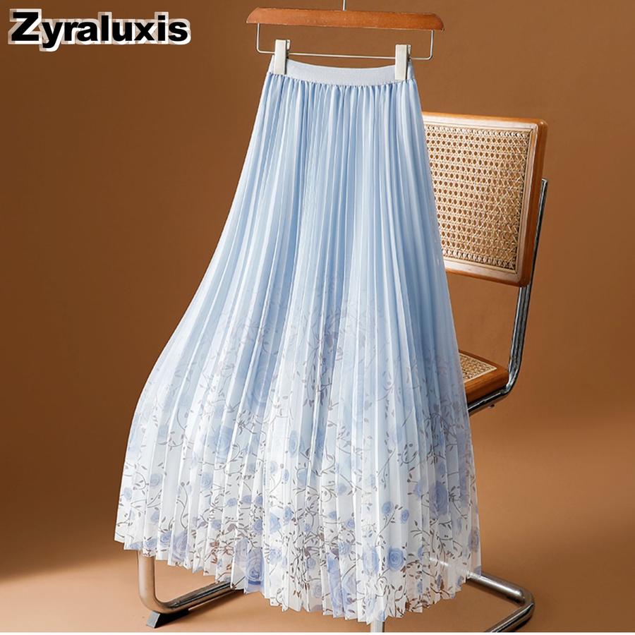 Floral Chiffon Maxi A-Line Midi Pleated Skirt for Women One Size синий