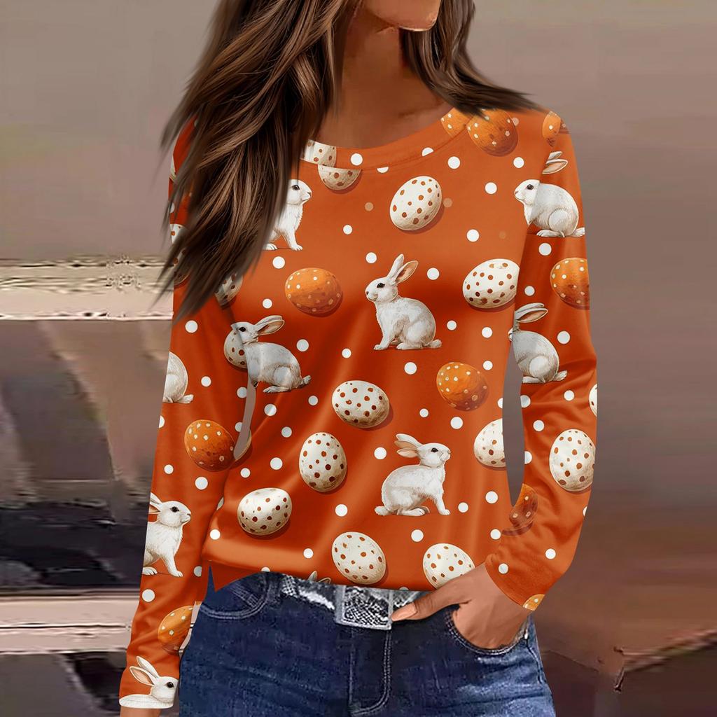 Damenmode Lässig Schlitz Saum Rundhals Langarm Lose Bedrucktes T-Shirt Damen Top