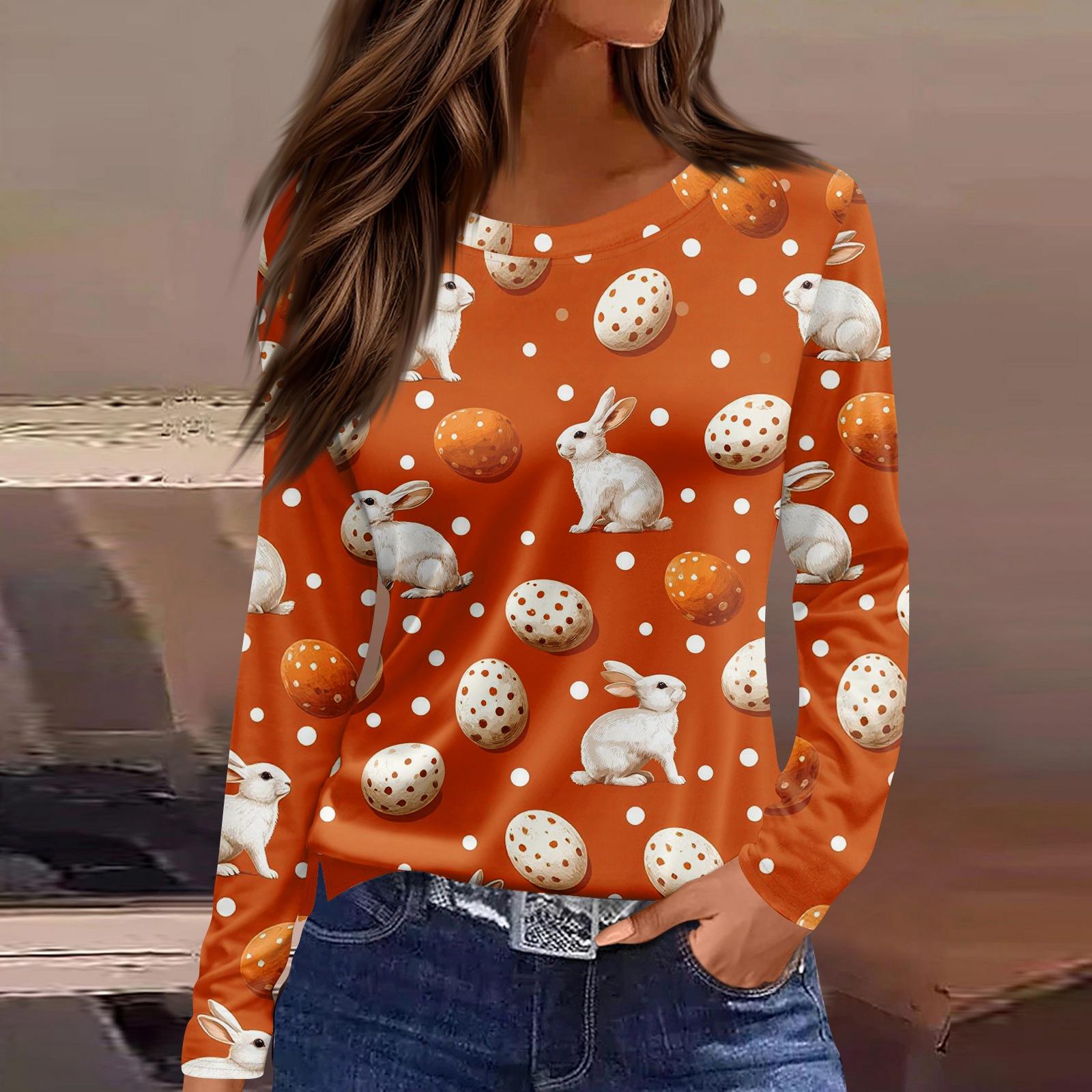 

Жіноча модна повсякденна футболка з розрізом і круглим вирізом з довгим рукавом і принтом. XL шафрановий