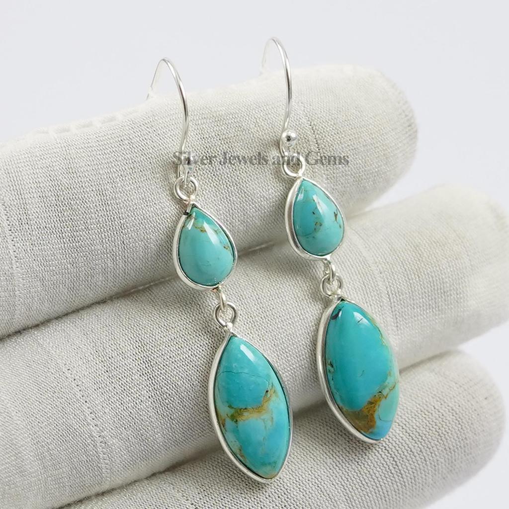 Natural Turquoise Earring, 2 Stone Bezel Earring, 925 Sterling Silver Hanging Earrings, Wedding Gift, Handmade Long Earrings