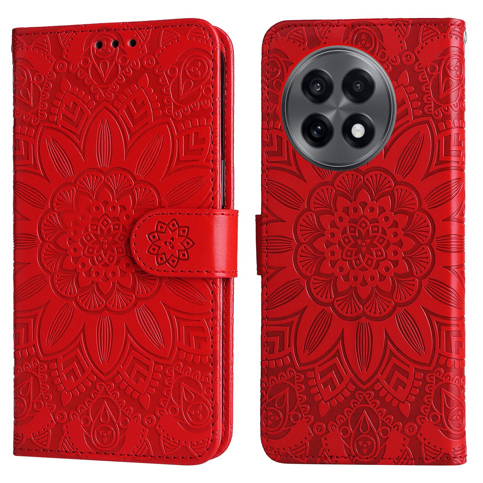 

Чехол-кошелек для OnePlus 13R 5G/Ace 5 5G/Ace 5 Pro 5G Кожаный чехол для телефона с тиснением подсолнуха Red