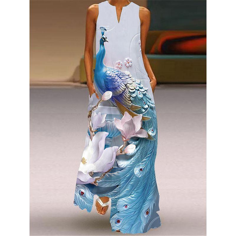 Dress Women 3D Print Peacock Dragon Big Elephant Horse Tiger Lion Animal Pattern Sleeveless Maxi Dress
