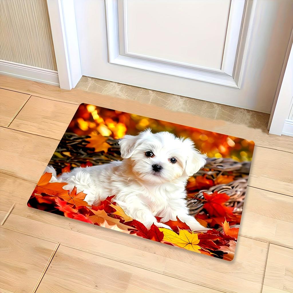 Cute puppy pattern non-slip welcome carpet lying on the autumn maple leaves