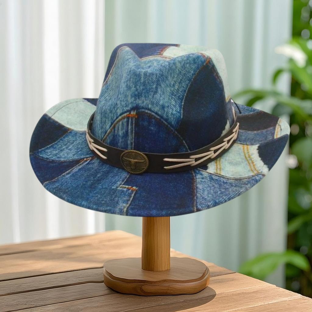 Jean Print Cowgirl Hat for Women Men Stylish Leather Belt Wide Brim Western Caps for Party, Wedding Outdoor Panama Jazz Hats