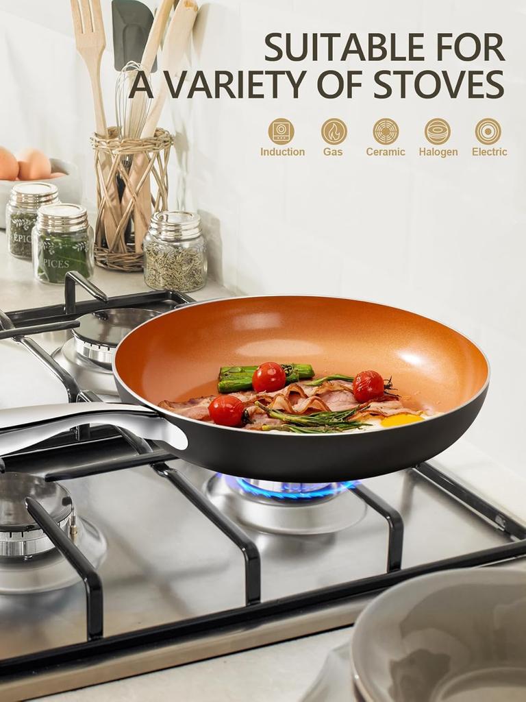 LMETJMA 8 10 12inch Copper Non Stick Frying Pan With Lid Scratch Resistant Ceramic Coating Skillet Egg Pan Cooking Omelet Pan
