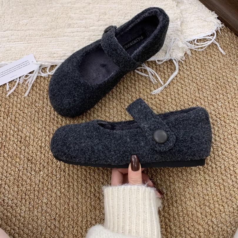 Grey Woolen Inner Height-increasing Fluffy Shoes for Women's Winter Wear 2025 New Warm and Velvet Flat-bottomed Mary Jane Cotton Single Shoes