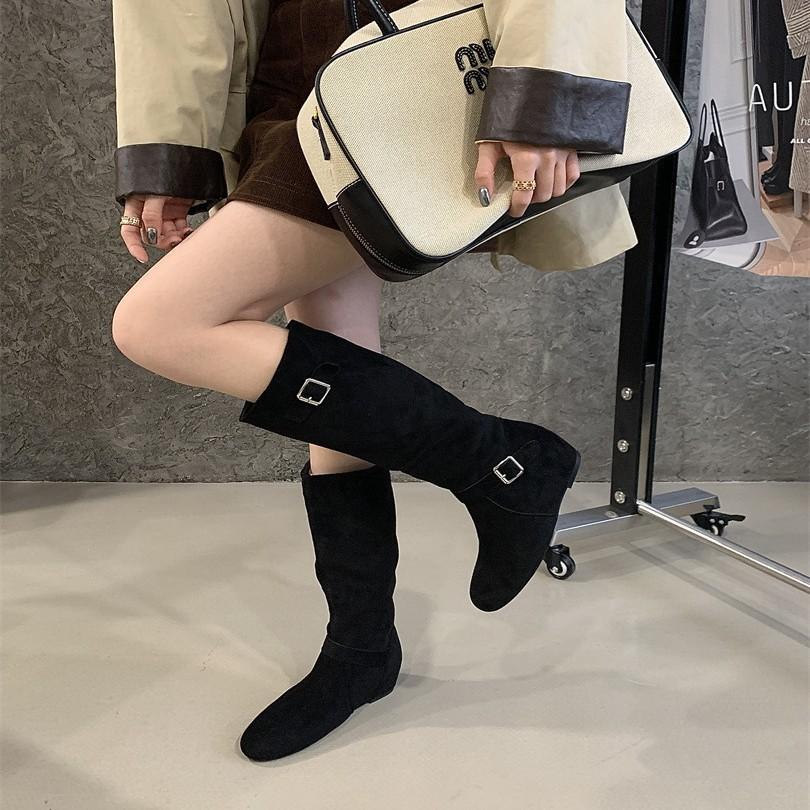 2025 new Dongdaemun, inner height increase 5cm long boots Korean fashion buckle design stacked medium boots women