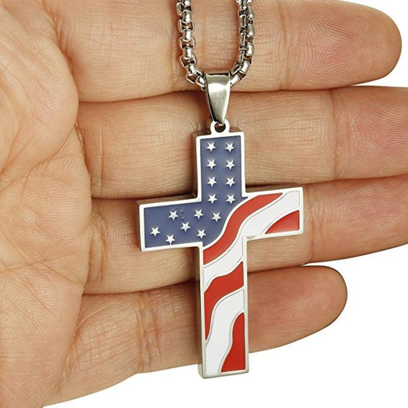 USA Flag Necklace Earrings Set Alloy Cross Pendant Patriotic Themed Jewelry for Men Women 4th of July Celebration Wear