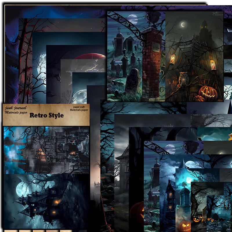Haunted House Cemetery Retro Journal Décor Collage Set - 16 Sheets