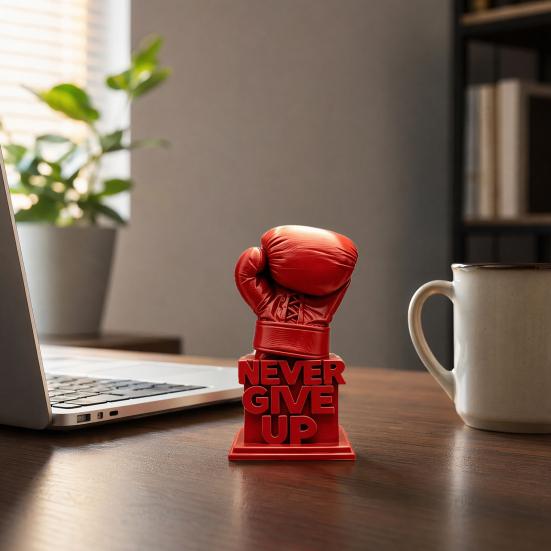 Socha boxerské rukavice Nikdy se nevzdávej, Inspirační 3D tištěná ozdoba na stůl do domácí kanceláře, Motivační dárek pro sportovce, boxery, sportovní fanoušky