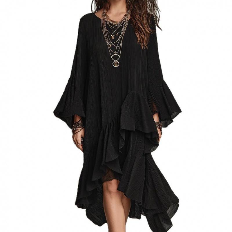 Elegant Asymmetrical Ruffle Black Dress - Spring/Summer 2026 Collection
