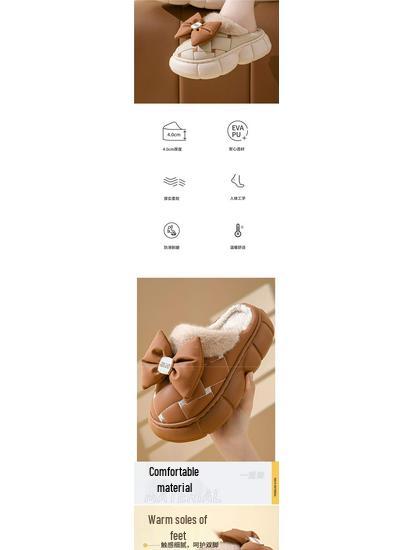 Women's Thick-Soled Waterproof Cotton Slippers - Men's Fashion, Warm Bow Style, Non-Slip for Outdoor Winter Wear.