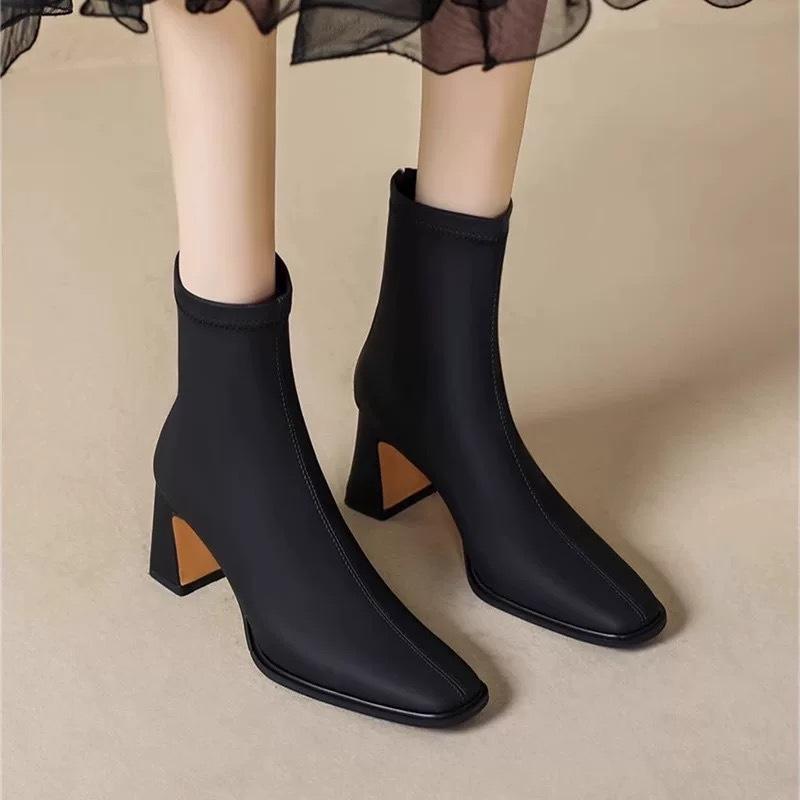 New High Heel Square Toe Women Ankle Boots Fashion Back Zipper Dancing Party Prom Shoes Street Style Ladies Short Botas De Mujer