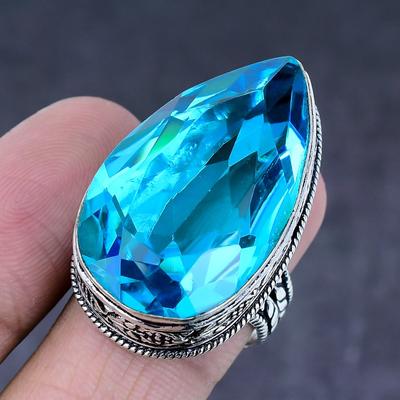 Swiss Blue Topaz Gemstone Handmade 925 Steling Silver Jewelry Ring Size 9 y5H80