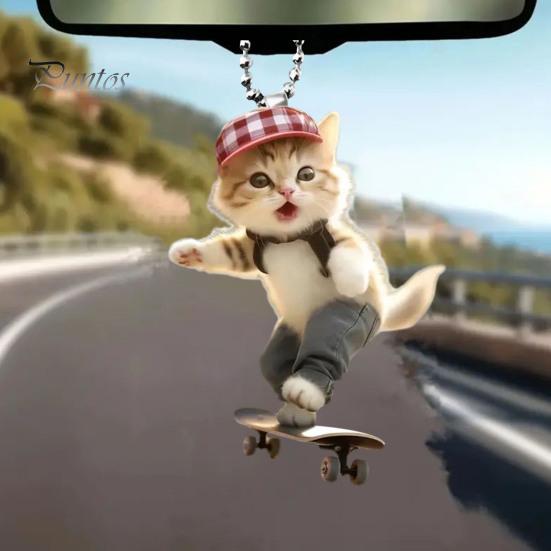 Adorable Cat Hanging Ornament Car Rearview Mirror Pendant with Lanyard Easy To Hang Animal Cat-Shaped Xmas Tree Pendant
