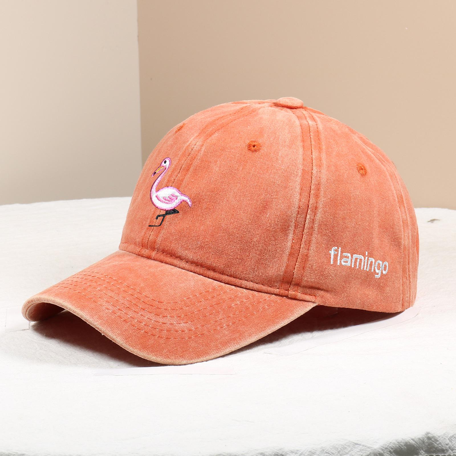 Flamingo Embroidered Cotton Baseball Cap - Washed Casual Sun Hat Adjustable