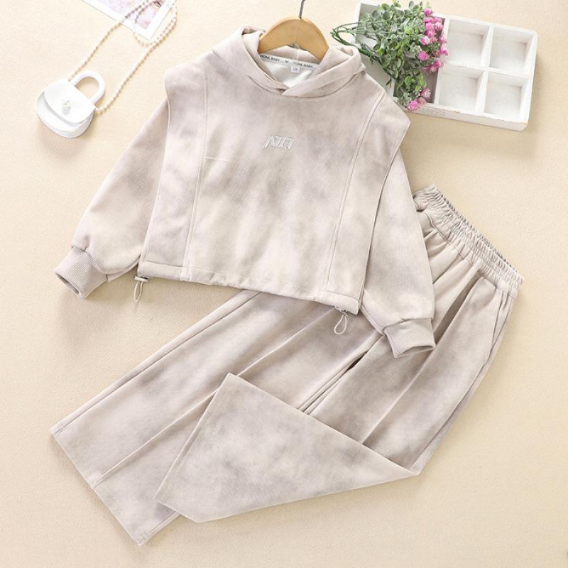 

Модный комплект с худи и спортивными штанами для девочек Весна/Осень 2025 - Повседневная спортивная одежда для детей постарше 150 cm хаки