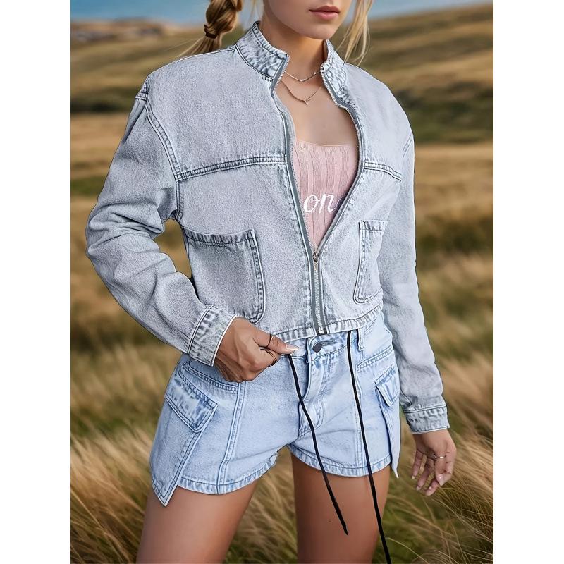 Women's Casual Cropped Denim Jacket with Pockets