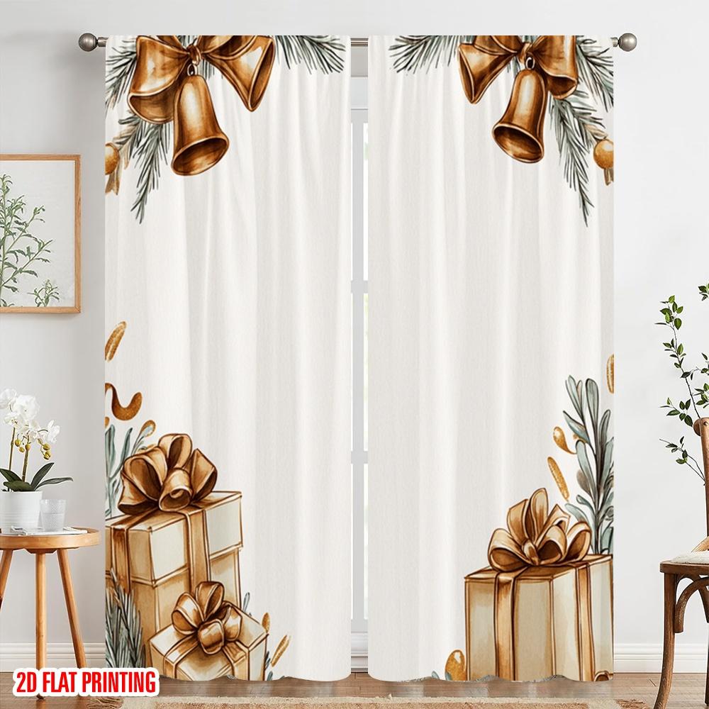 2pcs,2D Plane Printing Curtains Christmas Bells Gifts Versatile Fabric (without Rod) Home Decor Ldeal for Kitchen Living Room