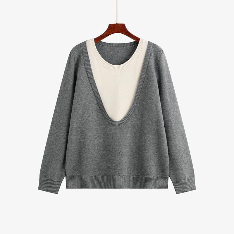 

Женский свитер больших размеров с контрастными цветами Fake Two Loose and Lazy XXXL серый