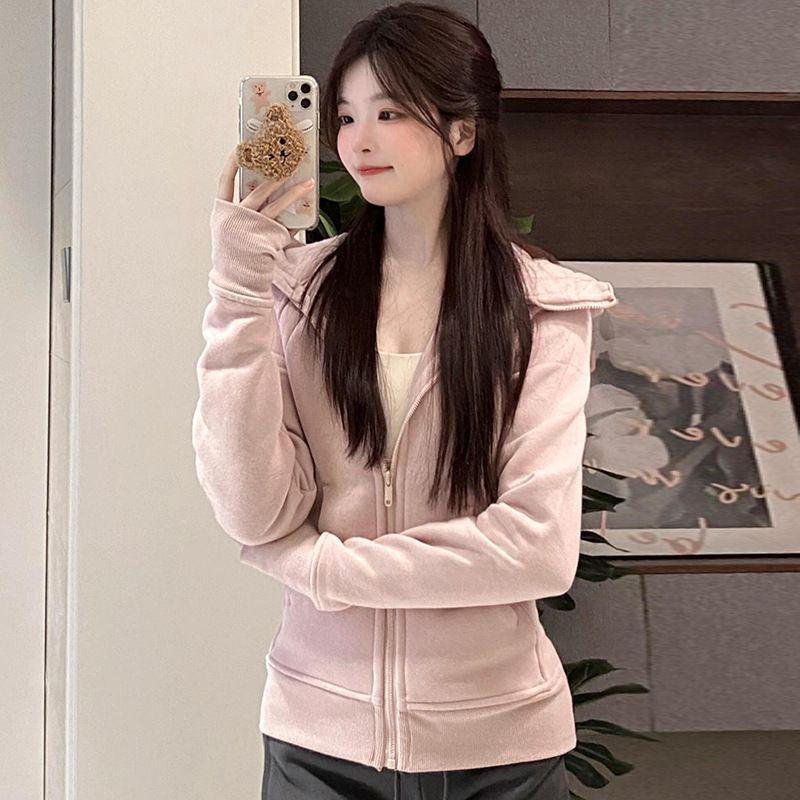 

Women s Autumn/Winter Velvet Hooded Zip-Up Cardigan with Waist-Cinch and Long Sleeves Pink