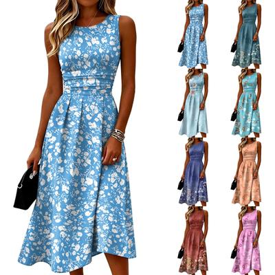 Sleeveless Casual Midi Dress for Women Round Neck Floral Print Slim Waist A-Line Summer Dress Lightweight Comfortable