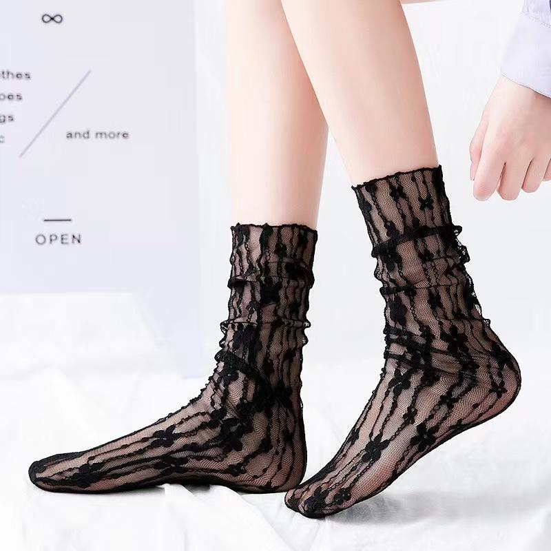 Women's Harajuku Ladies Breathable Transparent Floral Lace Socks Sweet Mesh Fishnet Socks Soft Funny Socks Hosiery