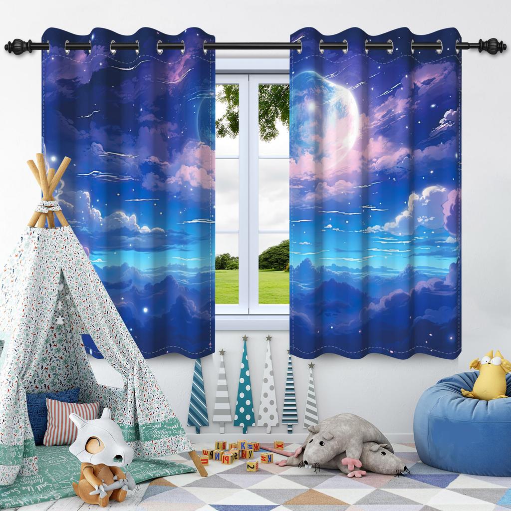 Night Starry Sky Moon Stars Milky Way Blackout Curtains Children'S Bedroom Heat Insulation Noise Reduction Window Drapes 2Pcs