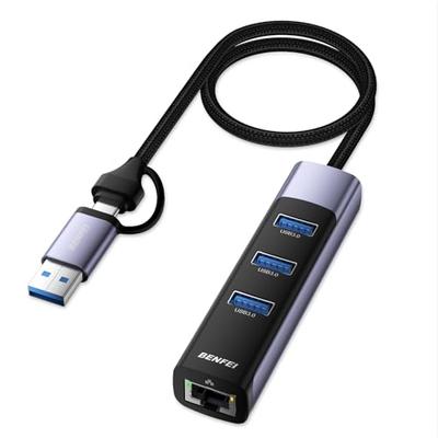 BENFEI 2-in-1 USB C/3.0 Wired LAN Adapter, 3 USB Port Ethernet Adapter 10/100/1000Mbps RJ45 Gigabit Compatible with iPhone 15 Pro/Max, MacBook Pro/Air