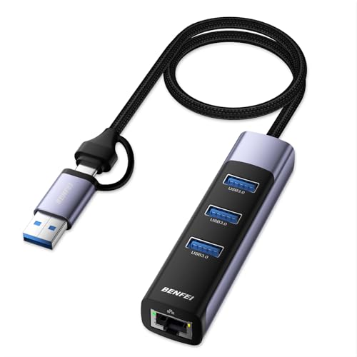 

BENFEI 2-в-1 USB C/3.0 Проводной LAN-адаптер, 3 порта USB Ethernet-адаптер 10/100/1000 Мбит/с RJ45 Gigabit Совместим с iPhone 15 Pro/Max, MacBook Pro/Air