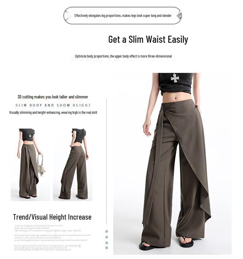 Women's Brown-Gray Wide-Leg Pants with Flowing Ribbons, 2026 New Style, Slimming, Good Drape, Casual Straight-Leg Suit Pants.
